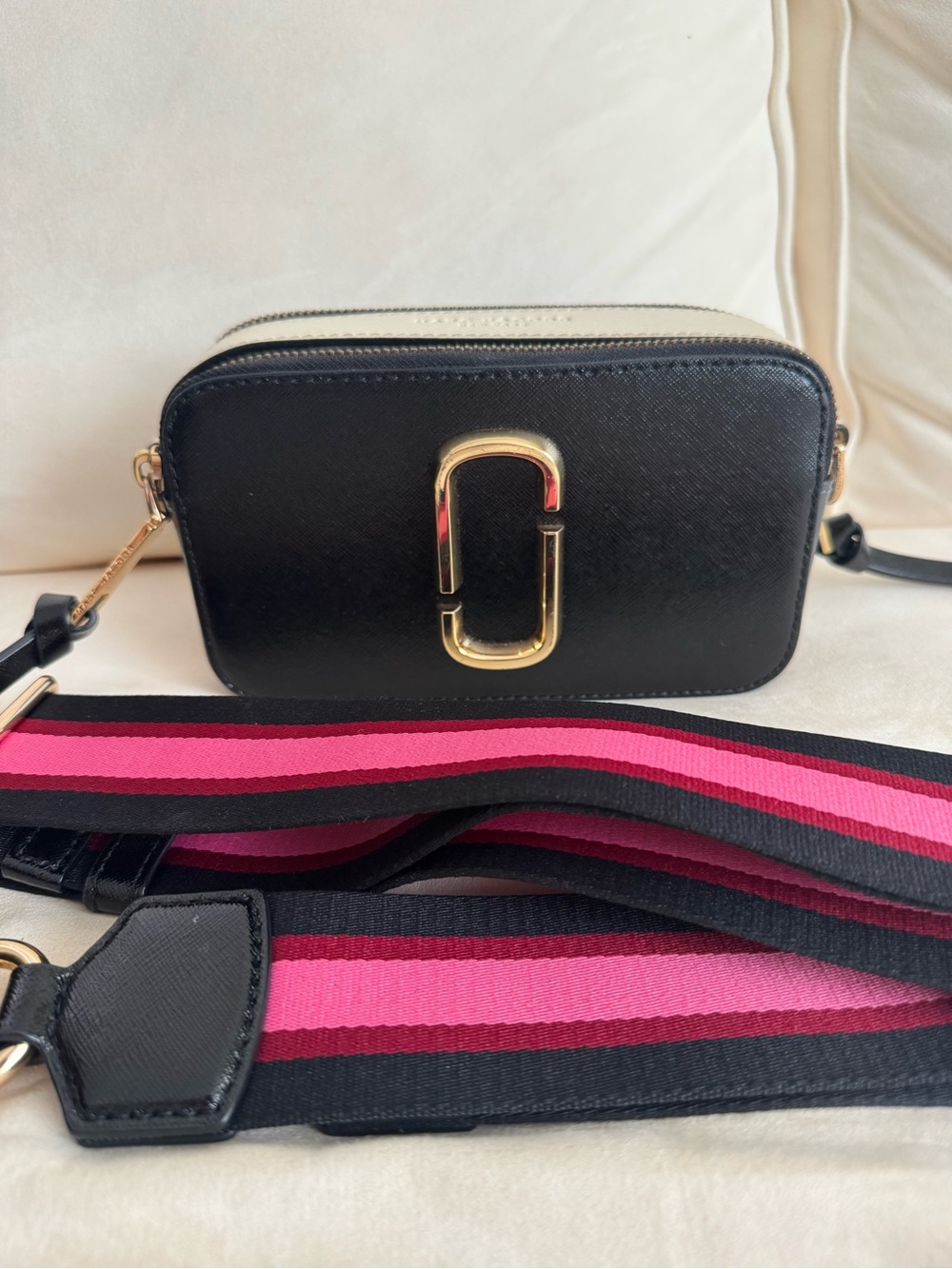 Black Leather Crossbody Bag with Pink Stripe Webbing Strap Marc Jacobs